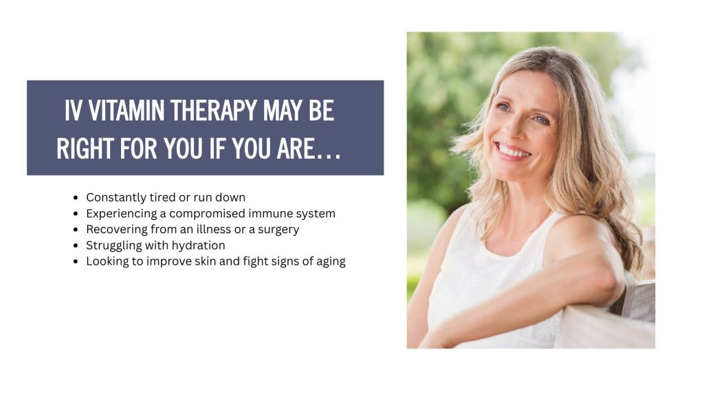Smiling woman sitting outdoors next to a list of signs you may benefit from IV vitamin therapy, including low energy, weak immunity, hydration issues and recovery needs.