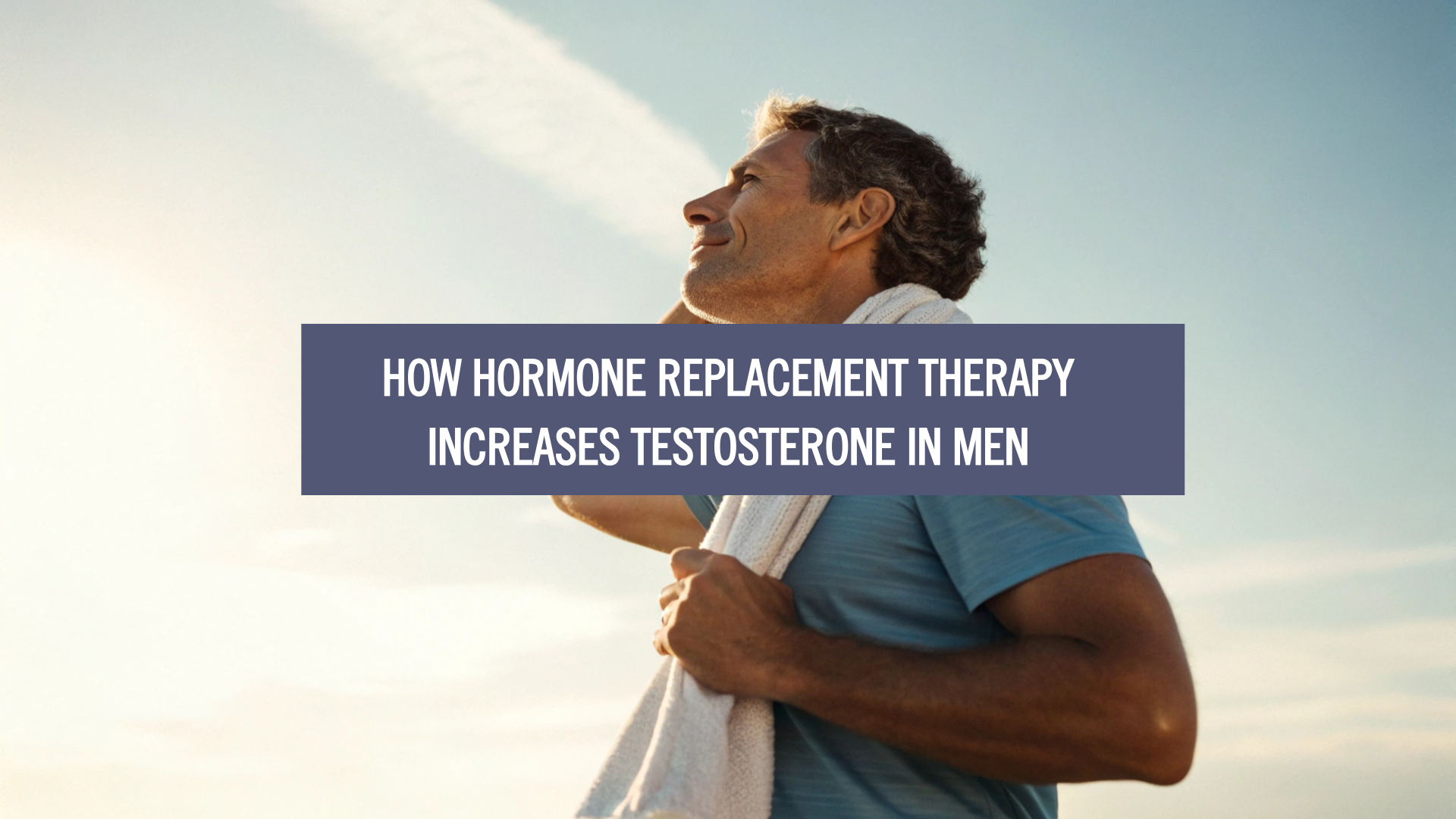man looking up at the sky with an overlay text saying "how hormone replacement therapy increases testosterone in men"
