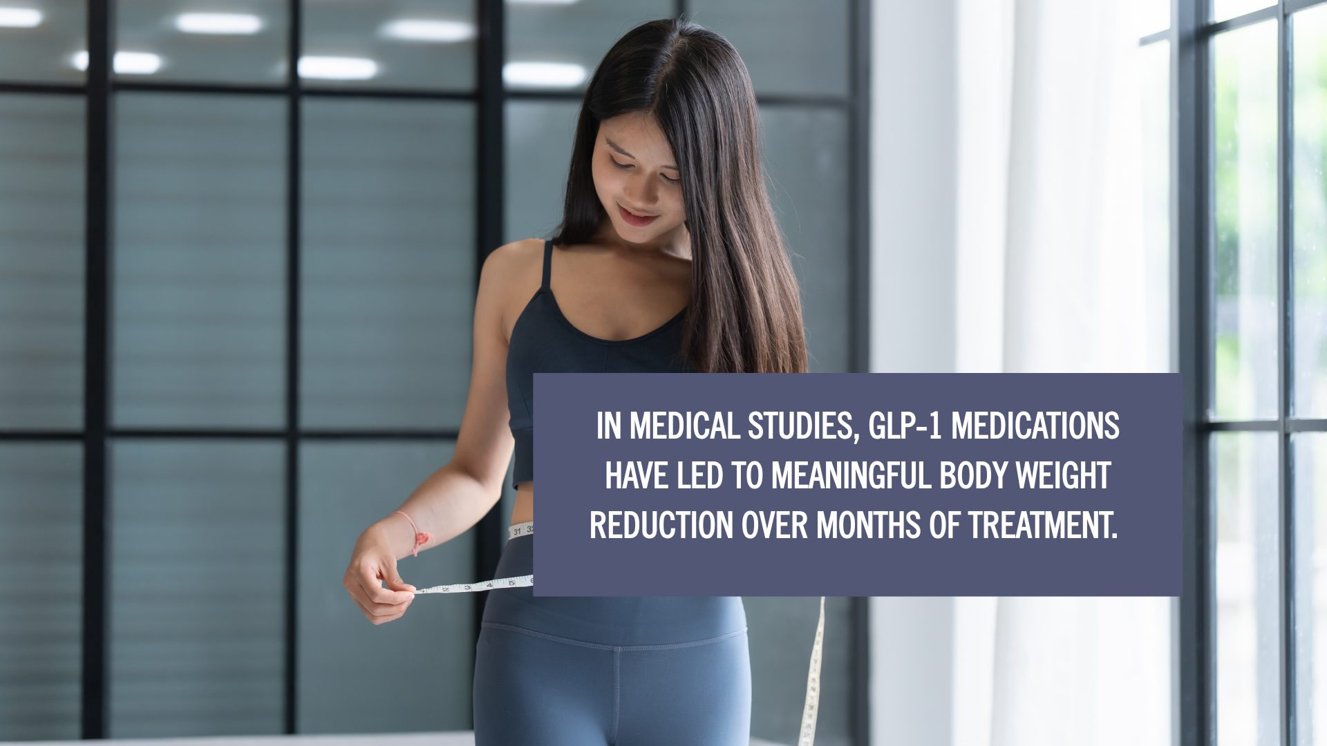 a woman wearing blue sports bra and leggings holding a measuring tape around her waist with an overlay text saying weight loss injections vs over-the-counter solutions