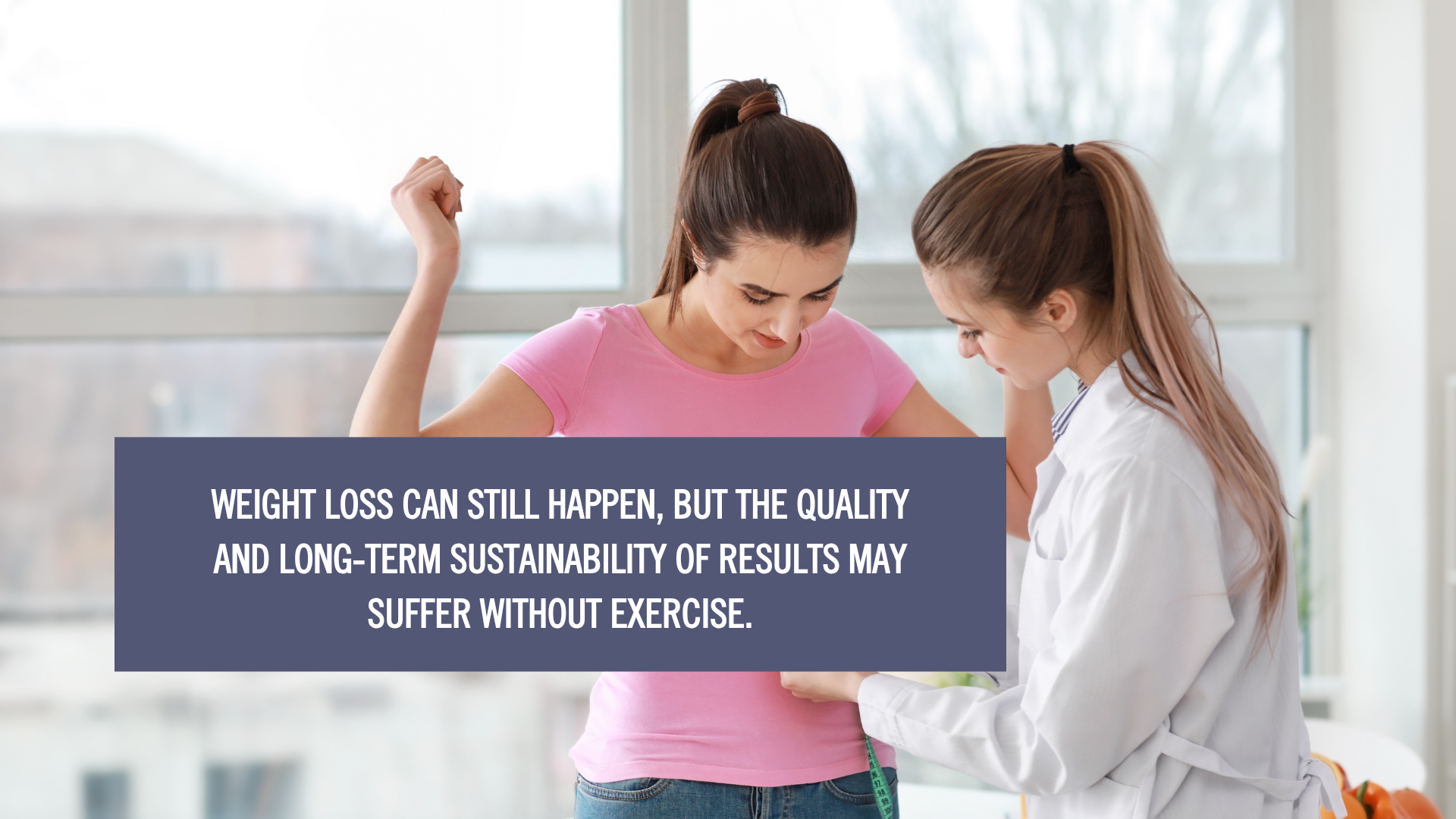 a woman wearing pink shirt and a doctor. an overlay text explaining "do weight loss injections work" and how they happen without exercise