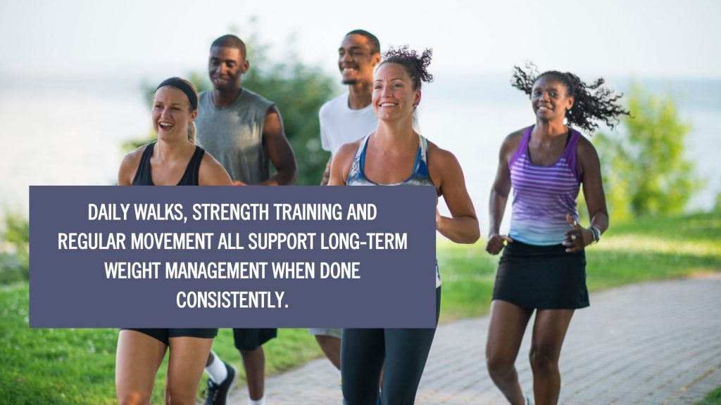 Group of people jogging outdoors, representing physical activity and healthy lifestyle habits, with overlay text: Daily walks, strength training and regular movement all support long-term weight management when done consistently.