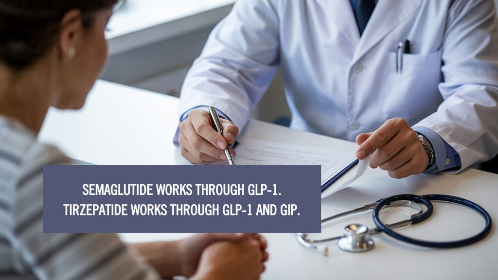 Doctor consulting with a patient in a clinic, with clipboard and stethoscope visible, discussing weight loss treatment options. Overlay text: Semaglutide works through GLP-1. Tirzepatide works through GLP-1 and GIP.