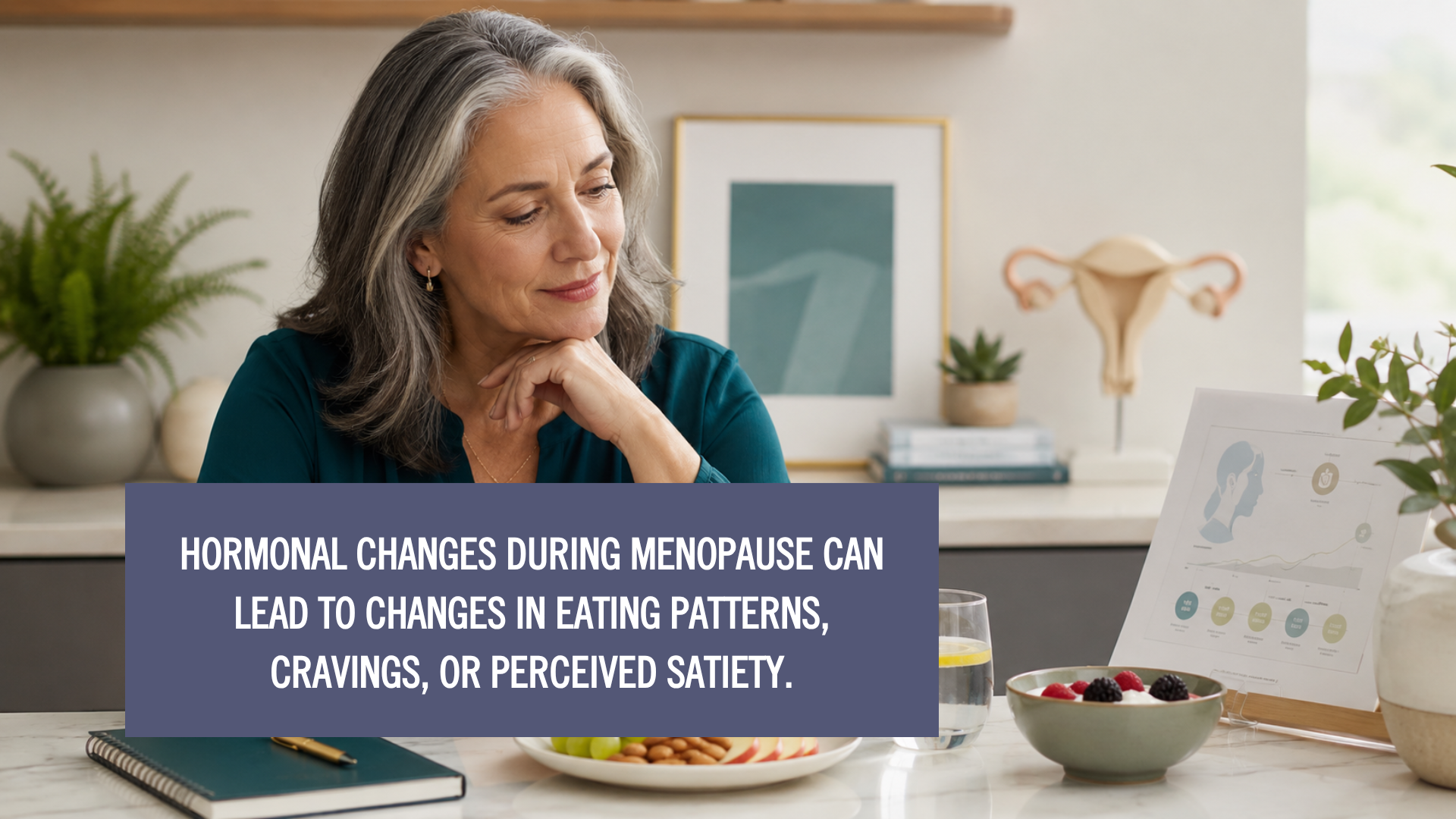 Woman reading about hormonal changes and weight gain during menopause while reviewing healthy eating habits and nutrition information.